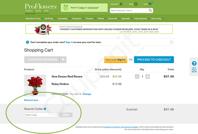 Proflowers.com's special codes box