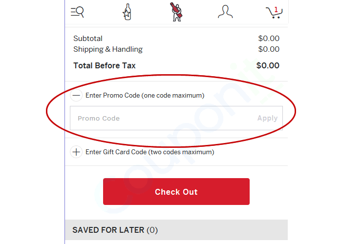 Example of where to enter promo codes at Wine.com